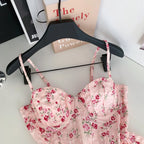 Sweet Spicy Floral Print Crop Top Women's Summer Pure Desire Versatile Bell Bottom Sleeveless Vest Belted Waist Halter Neck