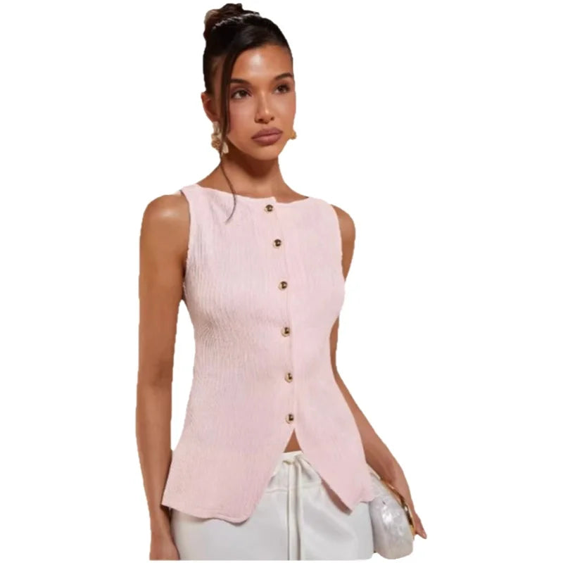 Gold Single-Button Sleeveless Knitted Vest Top Cross-Border Style Elegant Commute Fashion for Women in 2026 Spring Season