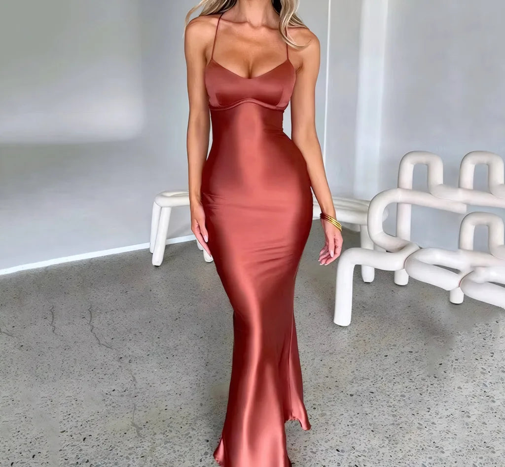 New Fashion Backless Women's Evening Dresses Slash Neck Spaghetti Strap Satin Dress Spring and Summer High Waist Slim Lady Dress