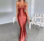 New Fashion Backless Women's Evening Dresses Slash Neck Spaghetti Strap Satin Dress Spring and Summer High Waist Slim Lady Dress