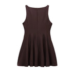 HH Women Summer Sexy Sleeveless Solid Casual Mini Dress Female Vintage Chic High Street Slim Rear Zipper Pleated Dress