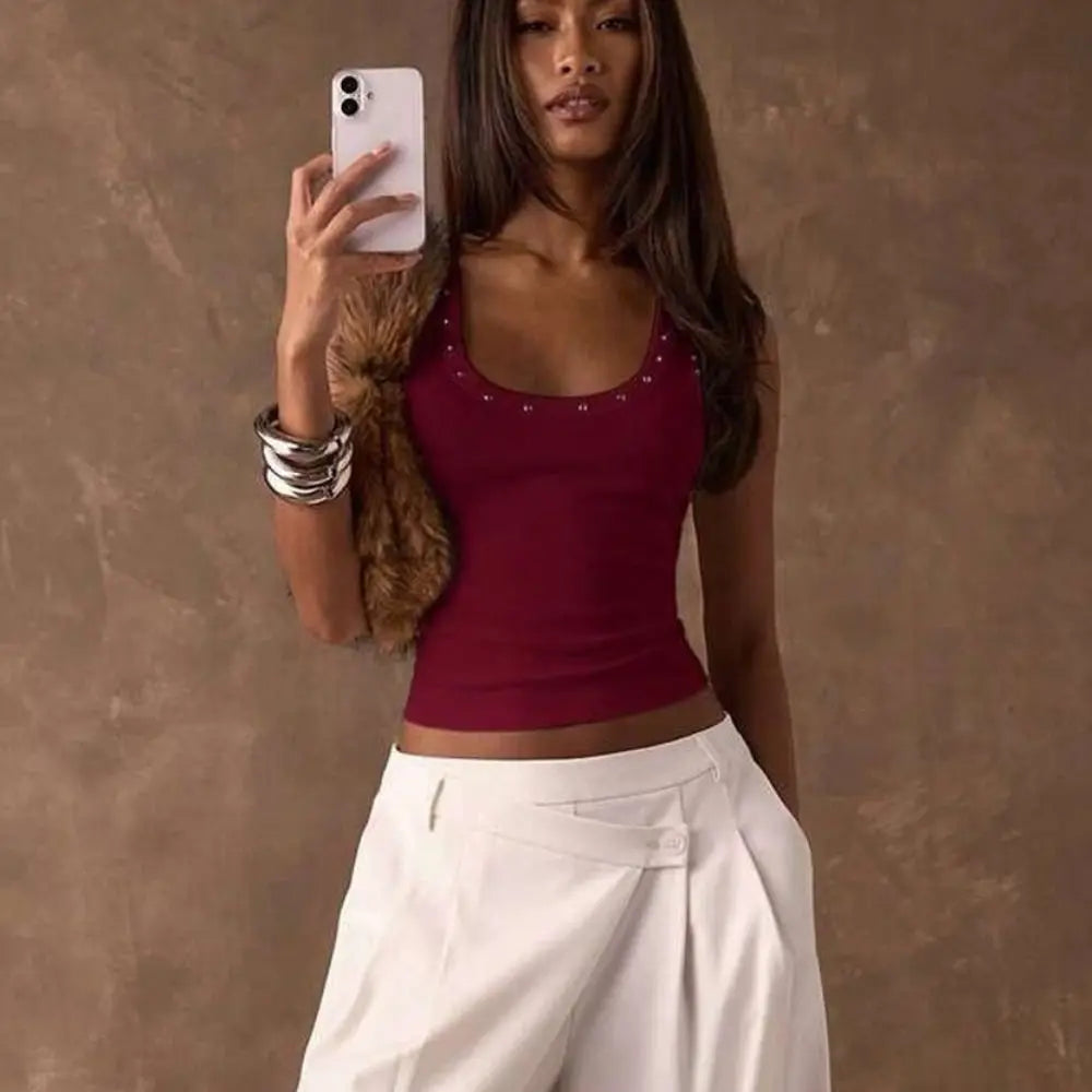 High Quality Y2K Crop Top Diamond Inlaid Cotton Sleeveless Vest Knitted Elegant Camisoles Girl