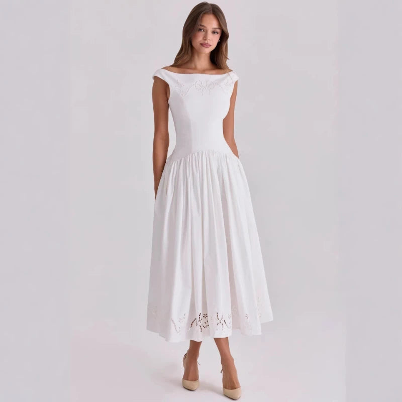 Chic Vintage White Boat Neck Dress Embroidered Cap Sleeve Cutwork Hem High Waist Flowy A-line Gown 2026 New Evening Party Outfit