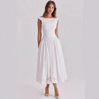 Chic Vintage White Boat Neck Dress Embroidered Cap Sleeve Cutwork Hem High Waist Flowy A-line Gown 2026 New Evening Party Outfit