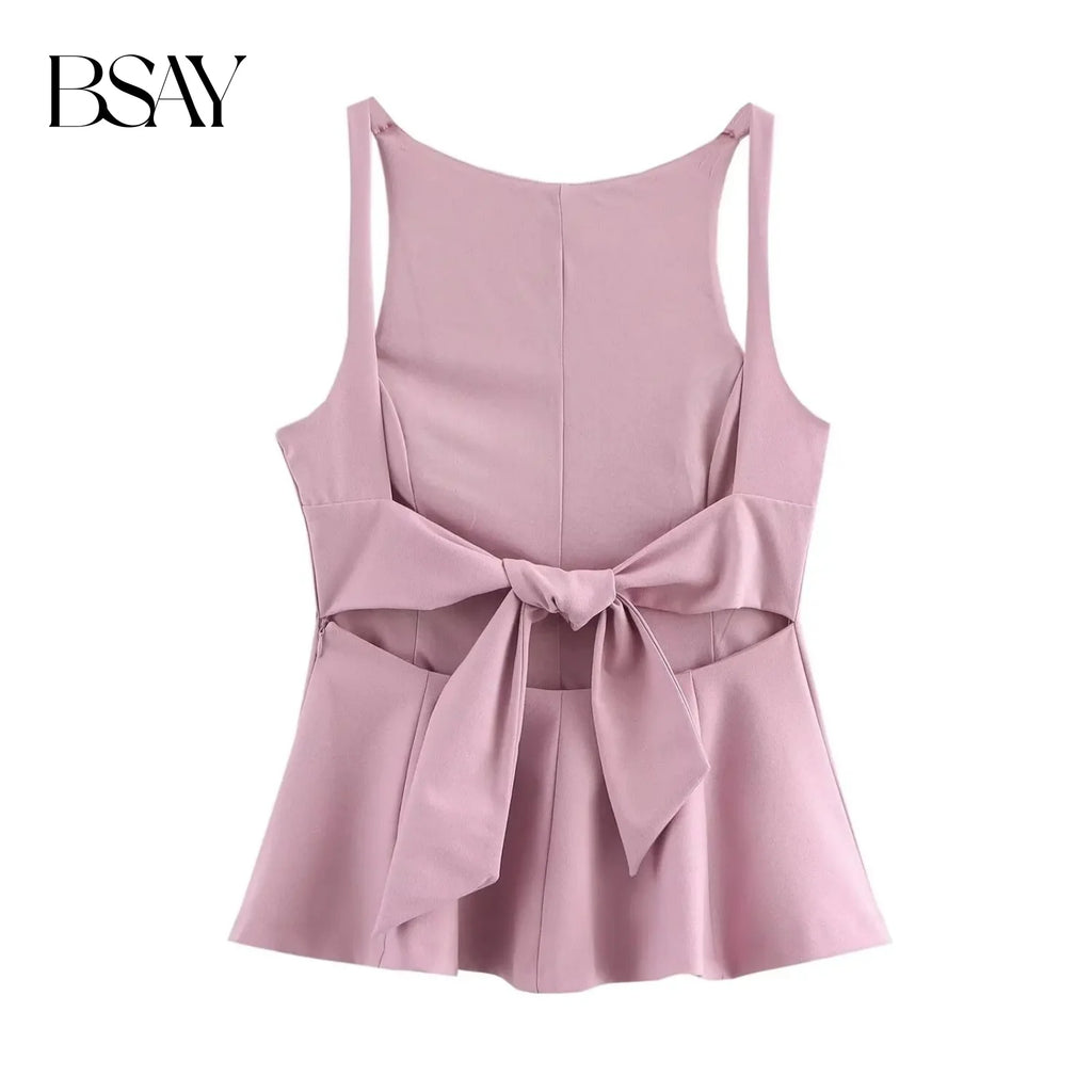 BSAY Top for Women Fashion Autumn Winter New Backless Bow Side Zip Blouse Street Clothing Vest Tank Chic Ladies Crop Tops Mujer