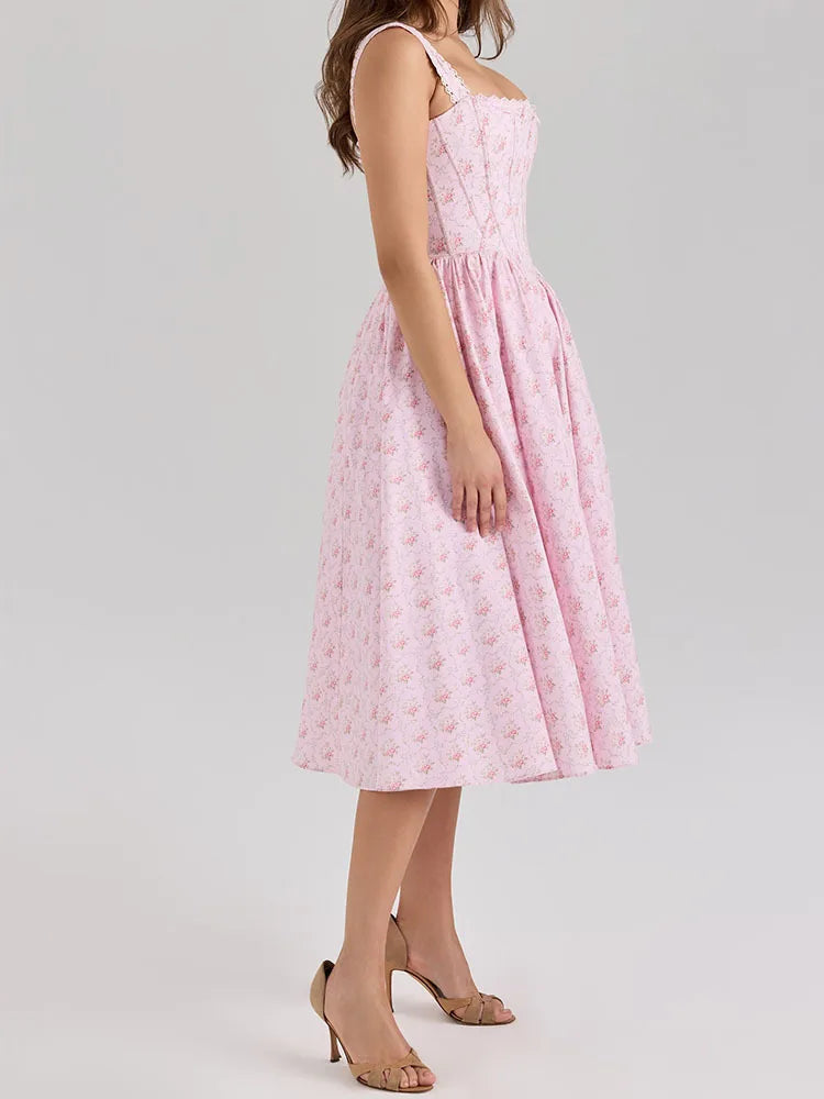 2026 girl-style daily casual floral pattern dress with open back and waist, lace trim, fashionable and elegant suspender dress.