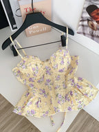 Sweet Spicy Floral Print Crop Top Women's Summer Pure Desire Versatile Bell Bottom Sleeveless Vest Belted Waist Halter Neck