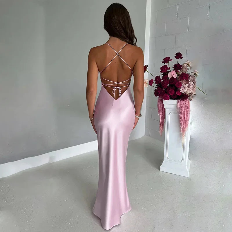 New Fashion Backless Women's Evening Dresses Slash Neck Spaghetti Strap Satin Dress Spring and Summer High Waist Slim Lady Dress