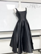 ReddaChic Simple Sleeveless Satin Dress for Women Wedding Guest Ruffled Square Neck Tank Long Dress Graduation Summer Costume