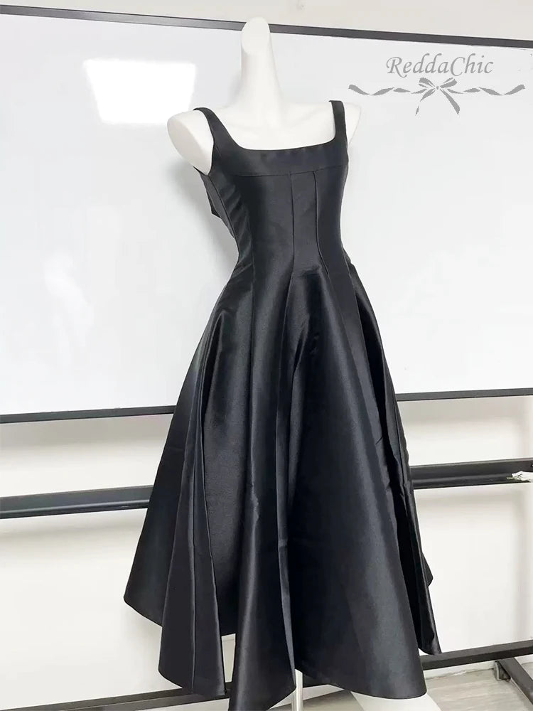 ReddaChic Simple Sleeveless Satin Dress for Women Wedding Guest Ruffled Square Neck Tank Long Dress Graduation Summer Costume