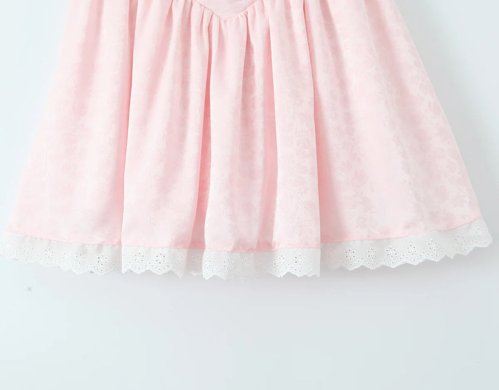 Women Sexy Pink White Jacquard Floral Bow Lacing Up Sling Dress Low Waist Spliced Lace Ball Gown Mini Dresses Party Robe