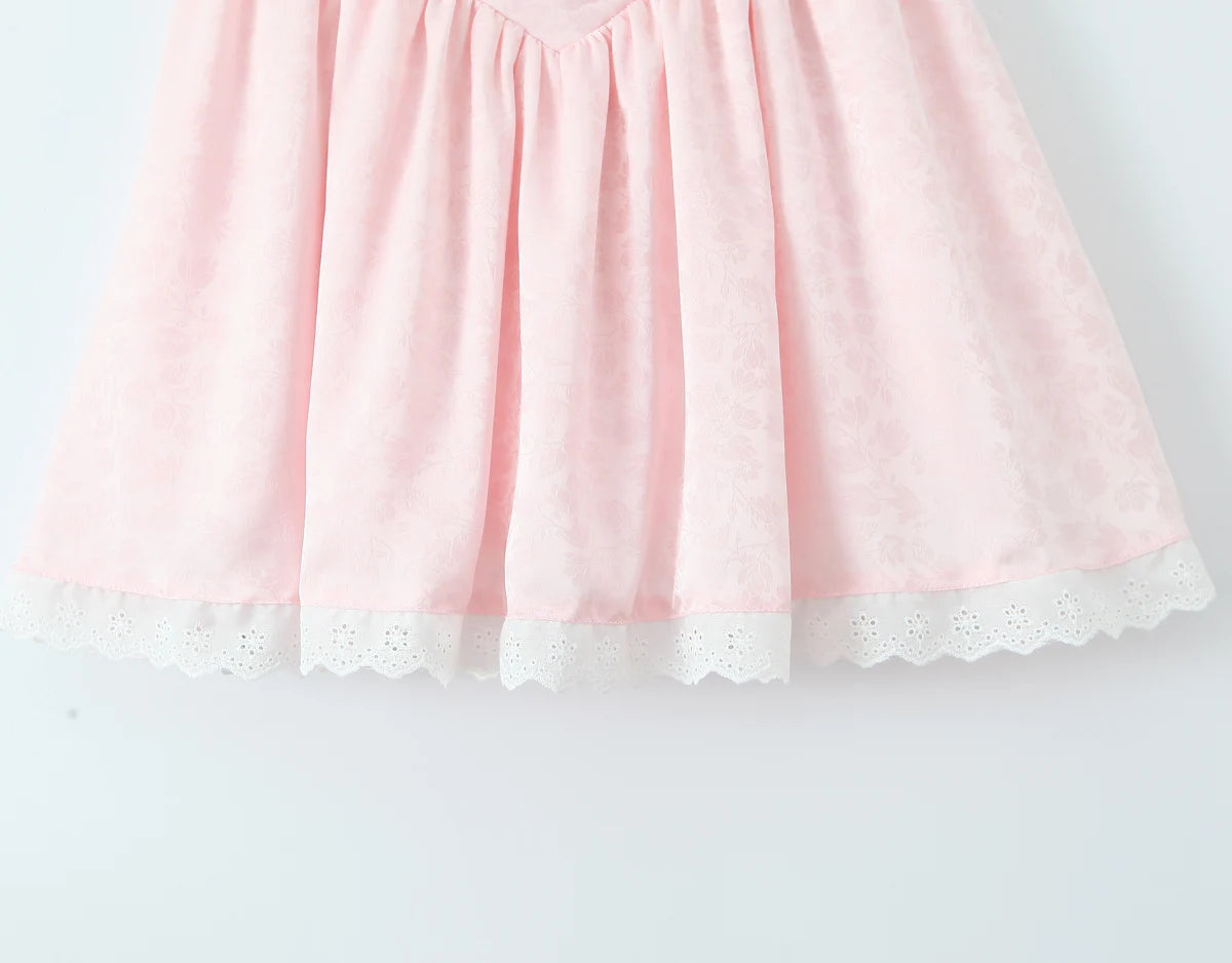 Women Sexy Pink White Jacquard Floral Bow Lacing Up Sling Dress Low Waist Spliced Lace Ball Gown Mini Dresses Party Robe