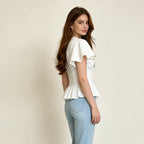 LIMO 2026 Women White Ruffle Sleeve Peplum Blouse V-Neck Elastic Waist Elegant Casual Top