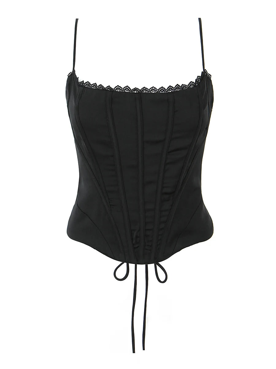 Retro Black Fishbone Tie Waist Corset Women's Sexy Lace Trim Satin Strap Vest Slim Fit Polyester Short Length  Color