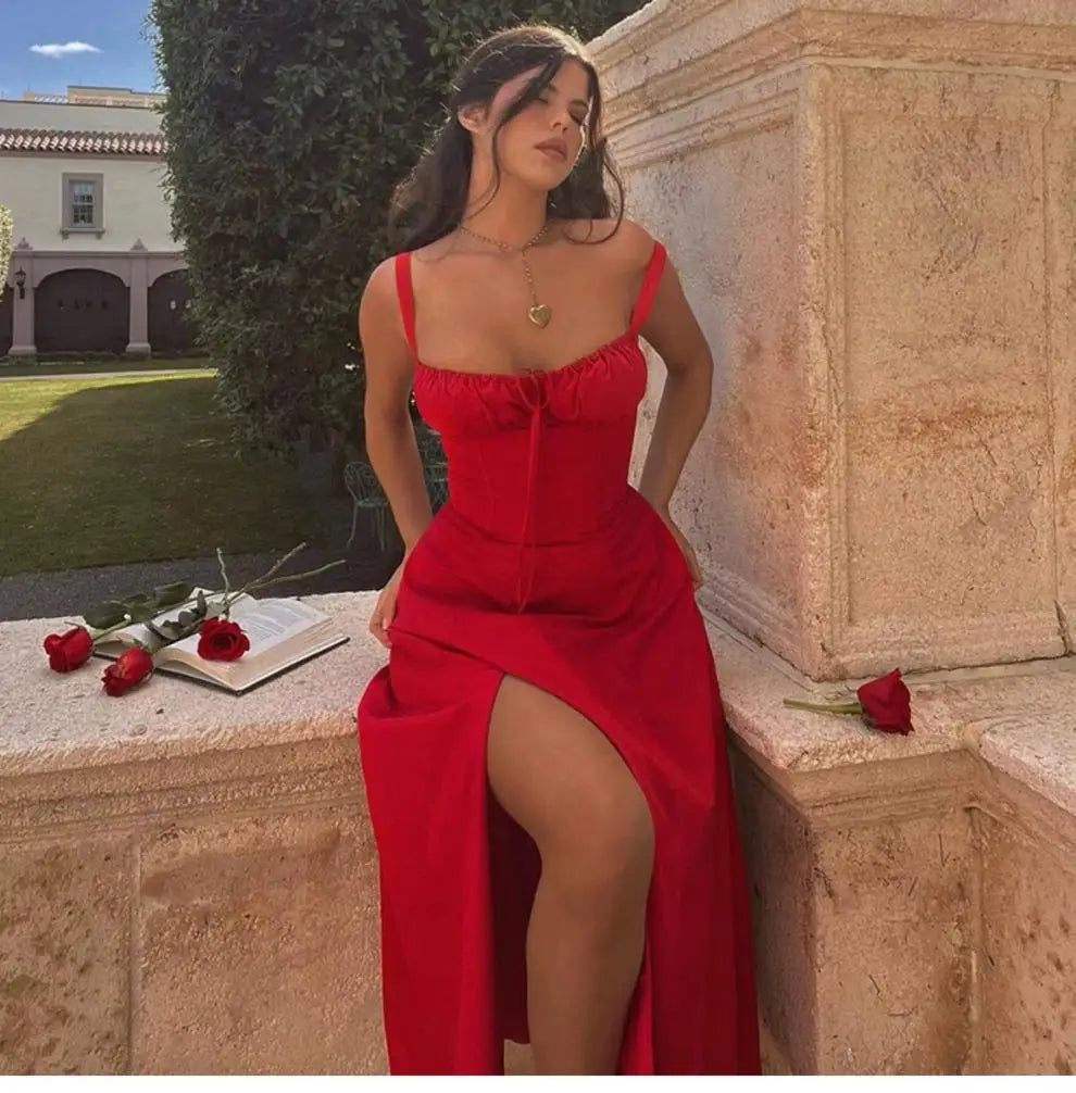 Sexy Pink Corset Midi Sun Dress Women's Lace Up Slit Dresses Female Bandage Sundress White Black Blue Yellow Red 2025 Summer New