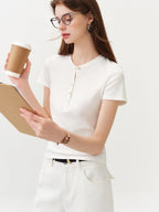 FSLE New Summer Women's Fitted Short Sleeve White T-Shirt with Buttons Soft Cotton Lyocell Office Commute Daily Versatile Top