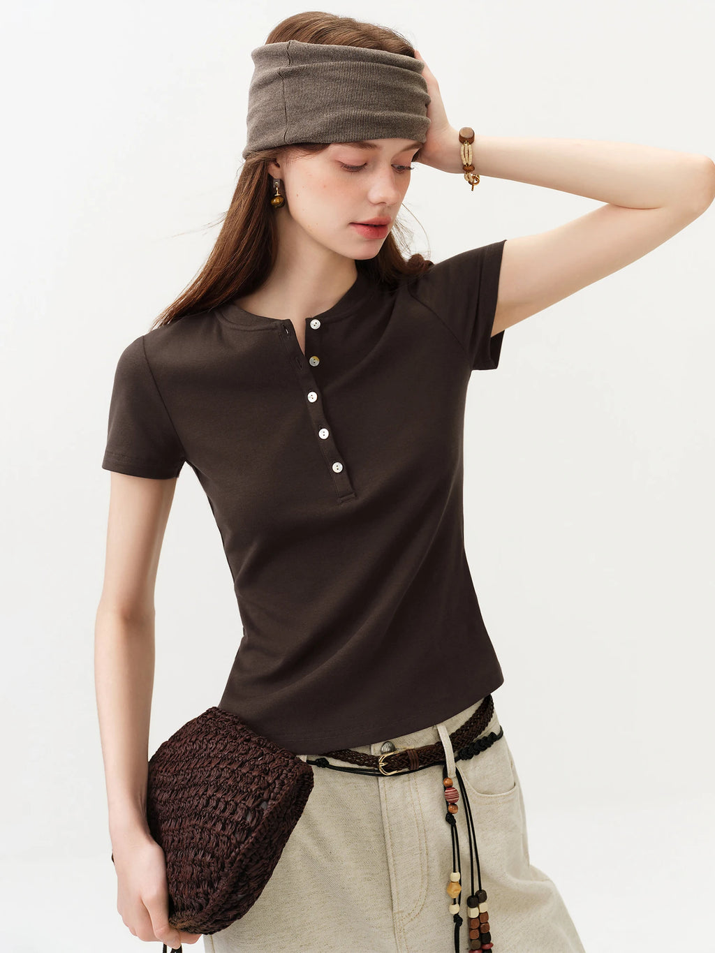 FSLE New Summer Women's Fitted Short Sleeve White T-Shirt with Buttons Soft Cotton Lyocell Office Commute Daily Versatile Top