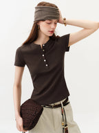 FSLE New Summer Women's Fitted Short Sleeve White T-Shirt with Buttons Soft Cotton Lyocell Office Commute Daily Versatile Top