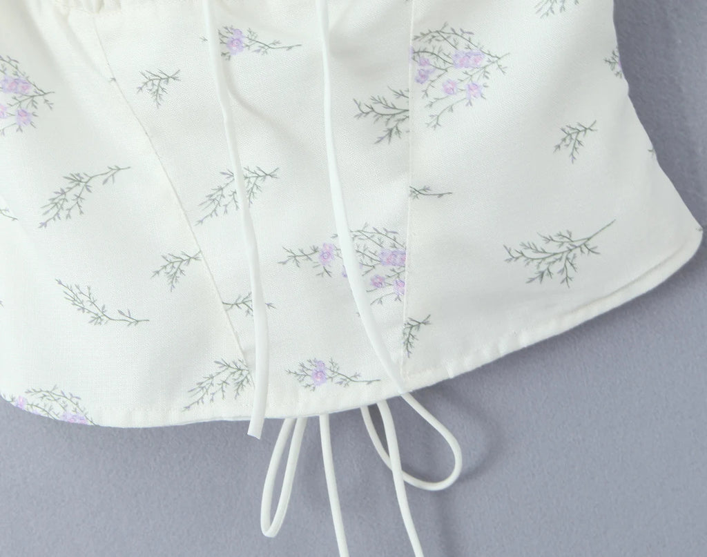 2025 Summer Sexy Floral Print Corset Camis Women Cross Lacing Up Bandage Bow Back Tank Top Slim Fit Vest Tee
