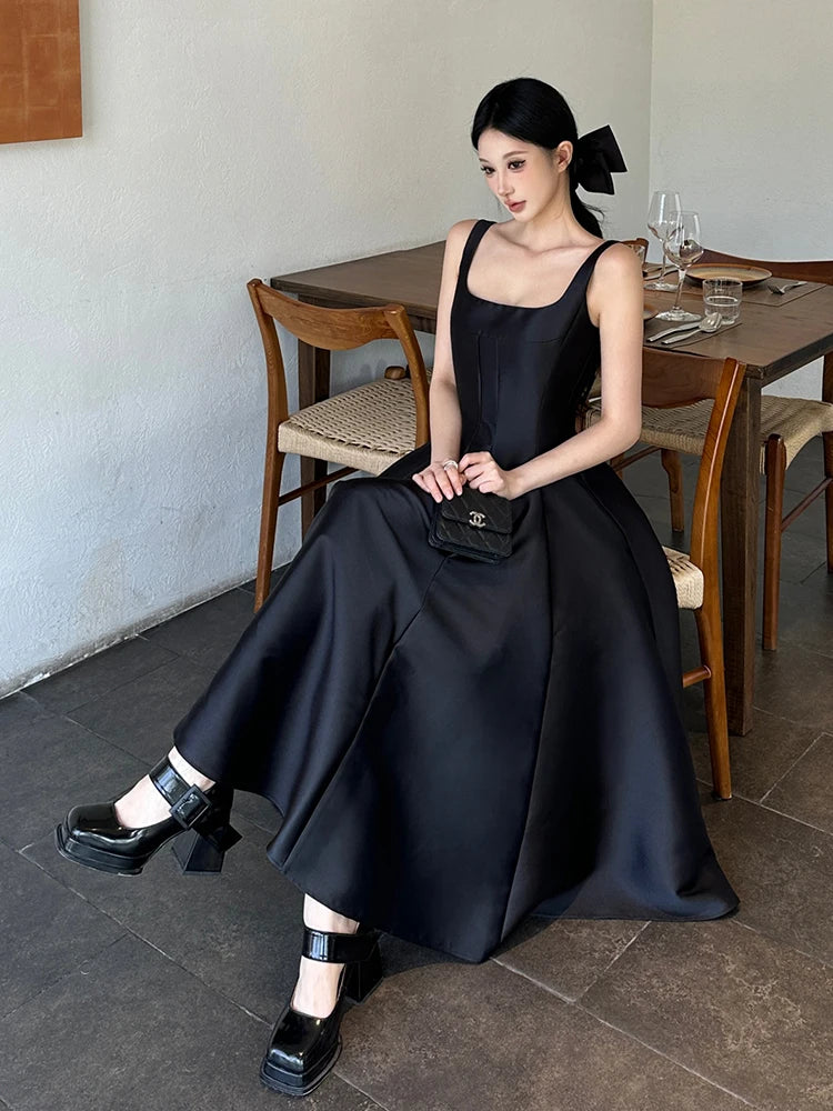 ReddaChic Simple Sleeveless Satin Dress for Women Wedding Guest Ruffled Square Neck Tank Long Dress Graduation Summer Costume