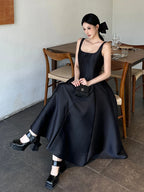 ReddaChic Simple Sleeveless Satin Dress for Women Wedding Guest Ruffled Square Neck Tank Long Dress Graduation Summer Costume