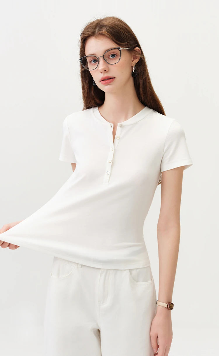 FSLE New Summer Women's Fitted Short Sleeve White T-Shirt with Buttons Soft Cotton Lyocell Office Commute Daily Versatile Top