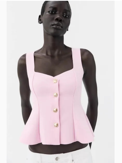 Sweet Style Women's Elastic Vest Strap Top New Summer 2025 Short Skirt Style Hem Single Button Fastening Regular Thickness