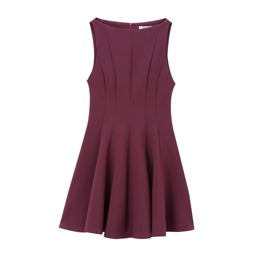HH Women Summer Sexy Sleeveless Solid Casual Mini Dress Female Vintage Chic High Street Slim Rear Zipper Pleated Dress