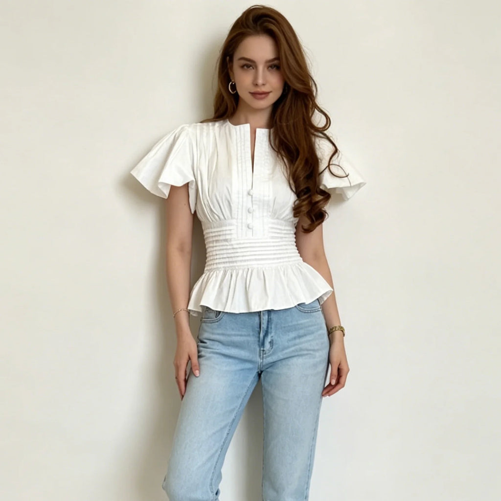 LIMO 2026 Women White Ruffle Sleeve Peplum Blouse V-Neck Elastic Waist Elegant Casual Top