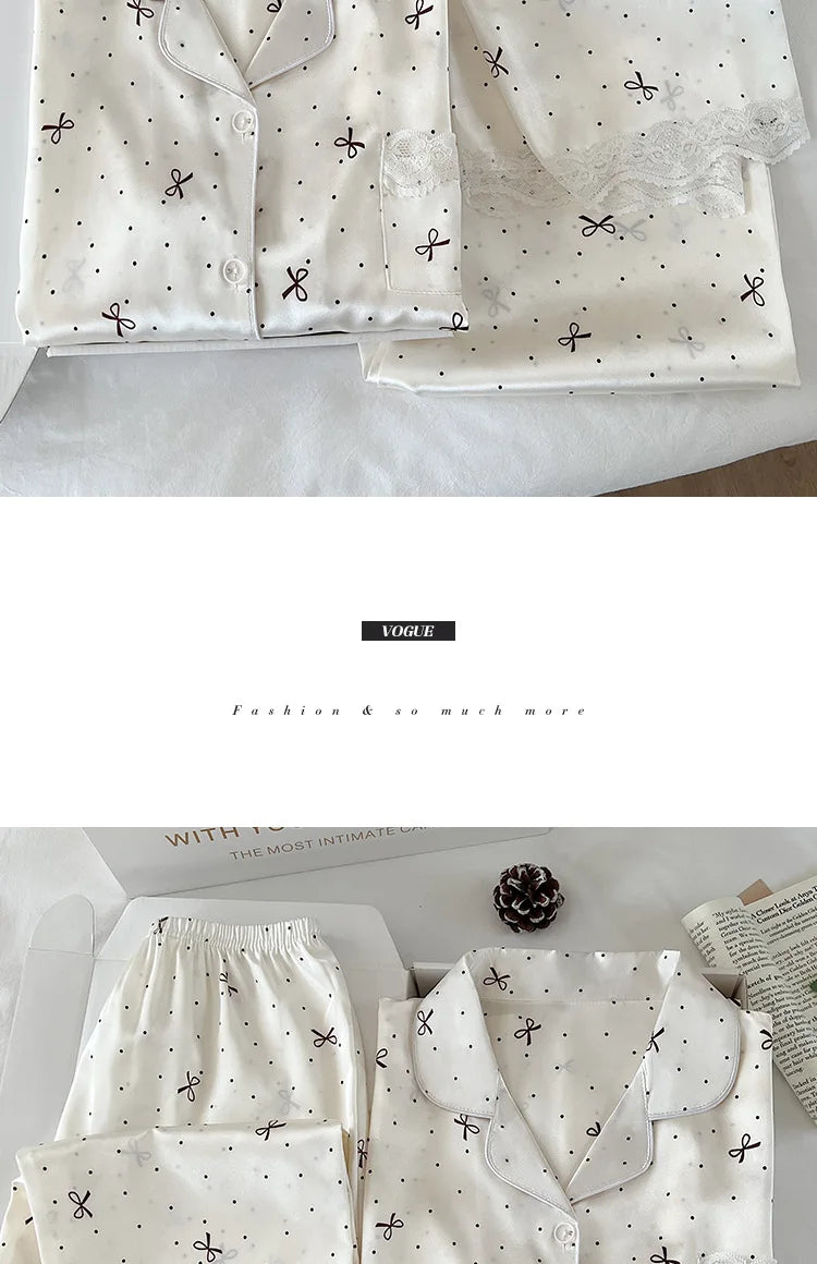 New Korean-Style Elegant Young Ladies' Pyjamas Summer New Arrival Short-Sleeved Polka Dot Bow Ice Silk Pyjama Set Homewear Set