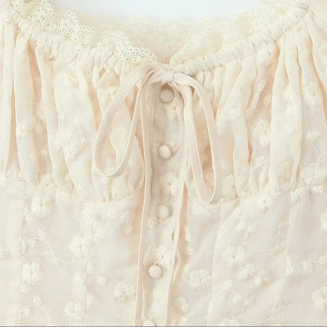 2024 Apricot Spliced Lace Bow Ruched Chest Embroidery Sexy Corset Women Summer Tank Tops Pleated Slim Through Buttons Crop Top