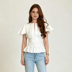 LIMO 2026 Women White Ruffle Sleeve Peplum Blouse V-Neck Elastic Waist Elegant Casual Top