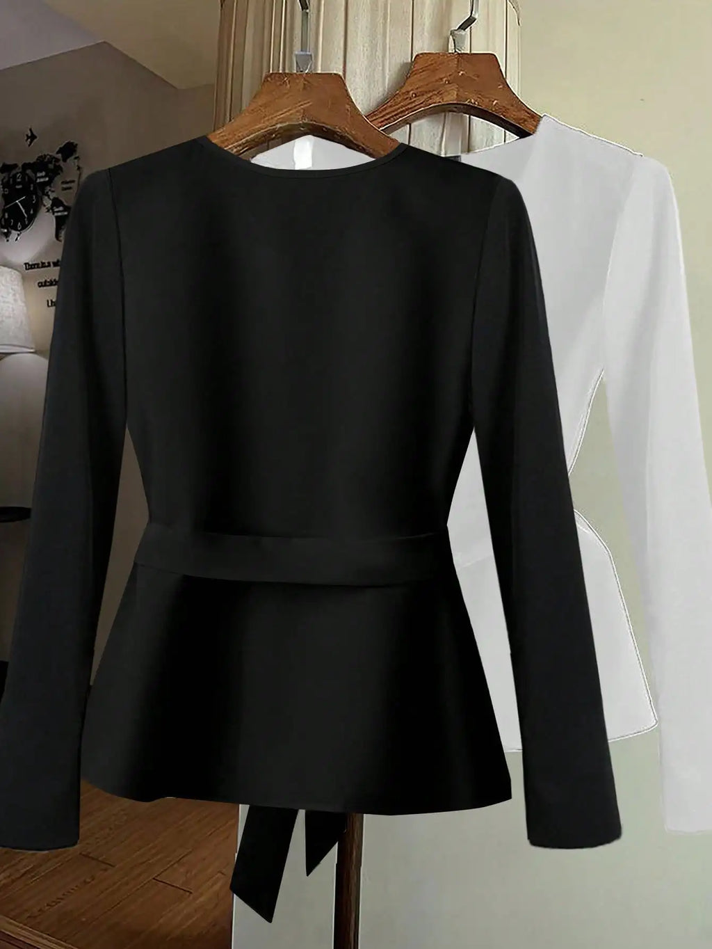 Minimalist Black Long Sleeve Blouse Collarless Tie Waist Split Hem Casual Daily Wear Top