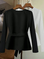 Minimalist Black Long Sleeve Blouse Collarless Tie Waist Split Hem Casual Daily Wear Top
