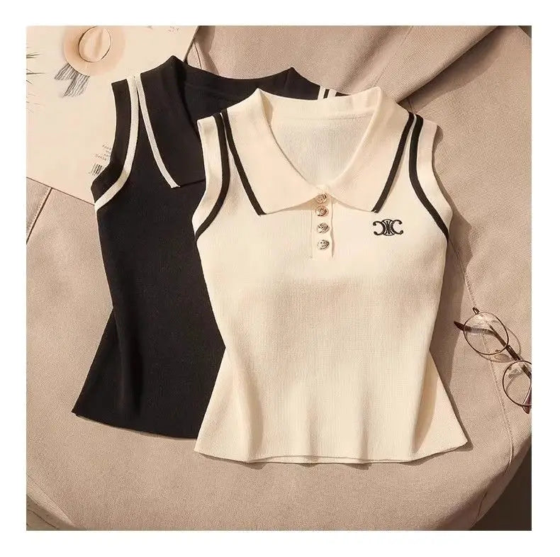 Women Summer Simplicity Office Lady Solid Color Polo Collar Knitting Tank Top Ladies Fashion All-match Trend Sleeveless Tops