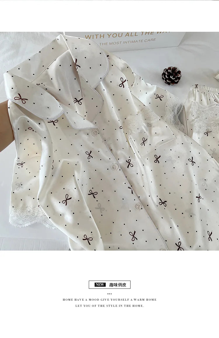 New Korean-Style Elegant Young Ladies' Pyjamas Summer New Arrival Short-Sleeved Polka Dot Bow Ice Silk Pyjama Set Homewear Set