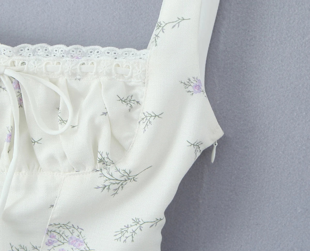 2025 Summer Sexy Floral Print Corset Camis Women Cross Lacing Up Bandage Bow Back Tank Top Slim Fit Vest Tee