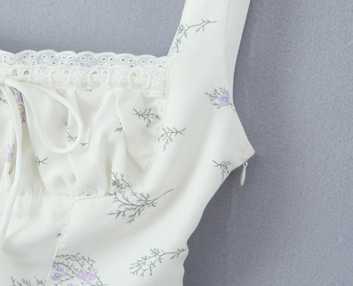 2025 Summer Sexy Floral Print Corset Camis Women Cross Lacing Up Bandage Bow Back Tank Top Slim Fit Vest Tee