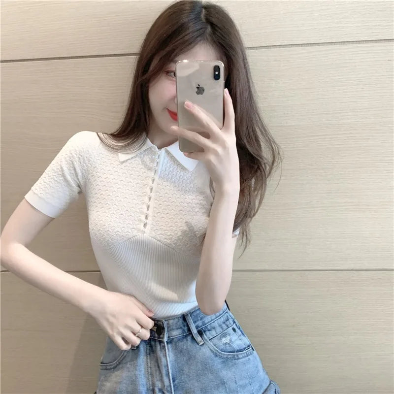 Slim Fit Ice Silk Knitted Short Sleeve  Shirt Women's Base Layer Top Korean Style Commute Fashion Summer T-Shirt