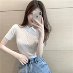Slim Fit Ice Silk Knitted Short Sleeve  Shirt Women's Base Layer Top Korean Style Commute Fashion Summer T-Shirt