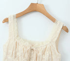 2024 Apricot Spliced Lace Bow Ruched Chest Embroidery Sexy Corset Women Summer Tank Tops Pleated Slim Through Buttons Crop Top