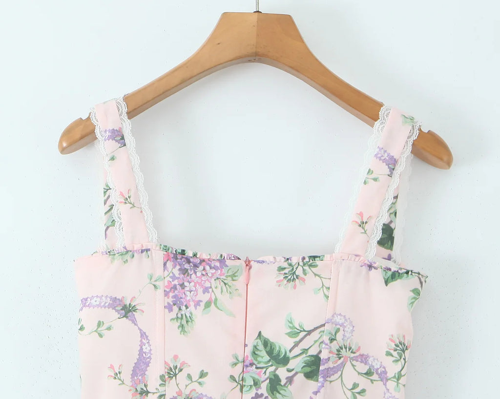 2025 Romantic Pink Floral Print Bow Ruched Bra Chest Sling Dress Women Low Waist Fold Swing Lace Lining Midi Long Dresses Robe
