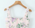 2025 Romantic Pink Floral Print Bow Ruched Bra Chest Sling Dress Women Low Waist Fold Swing Lace Lining Midi Long Dresses Robe