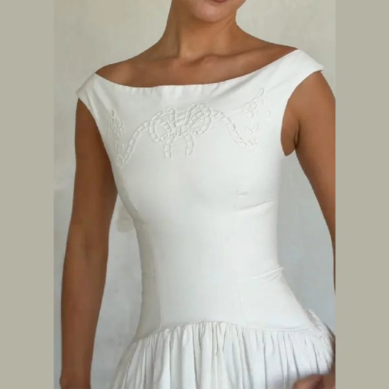 Chic Vintage White Boat Neck Dress Embroidered Cap Sleeve Cutwork Hem High Waist Flowy A-line Gown 2026 New Evening Party Outfit