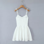 Women Sexy Pink White Jacquard Floral Bow Lacing Up Sling Dress Low Waist Spliced Lace Ball Gown Mini Dresses Party Robe
