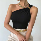 Ladies Black Single Shoulder Elastic Knitted Top with Gold Details Trendy Tight Fit Sexy Party Shirt for Night out