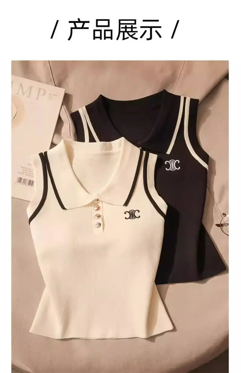 Women Summer Simplicity Office Lady Solid Color Polo Collar Knitting Tank Top Ladies Fashion All-match Trend Sleeveless Tops
