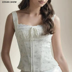 2025 Summer Sexy Floral Print Corset Camis Women Cross Lacing Up Bandage Bow Back Tank Top Slim Fit Vest Tee