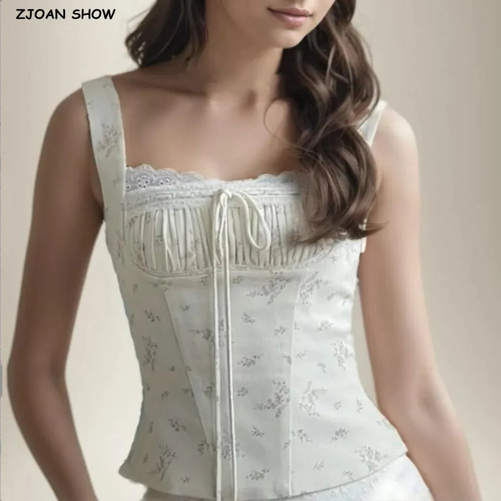 2025 Summer Sexy Floral Print Corset Camis Women Cross Lacing Up Bandage Bow Back Tank Top Slim Fit Vest Tee