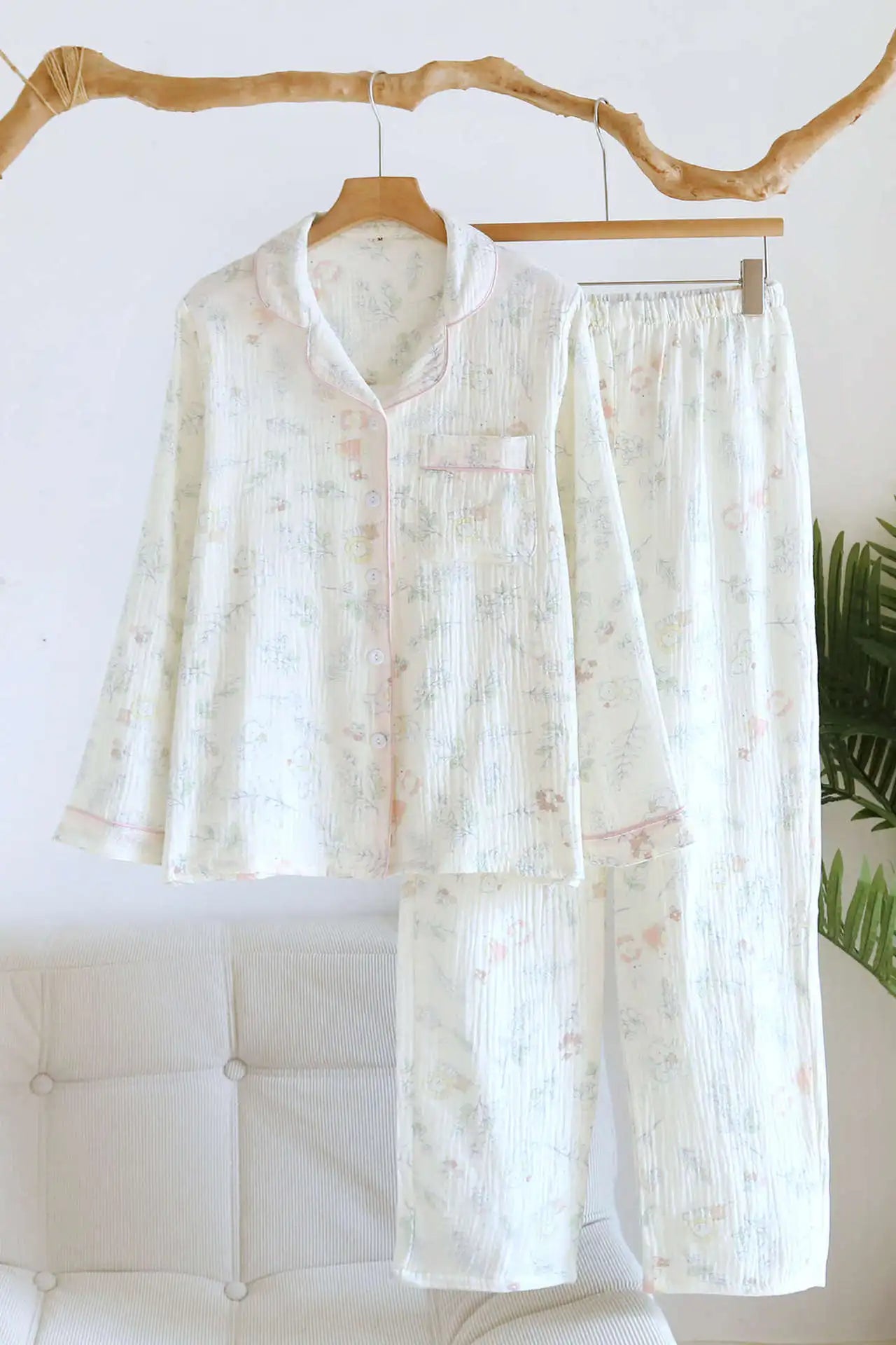 2026 Spring and Autumn New Women's Pajama Set 100% Cotton Crepe Cute Sweet Long Sleeve Long Pants Home Clothes Two Piece Set